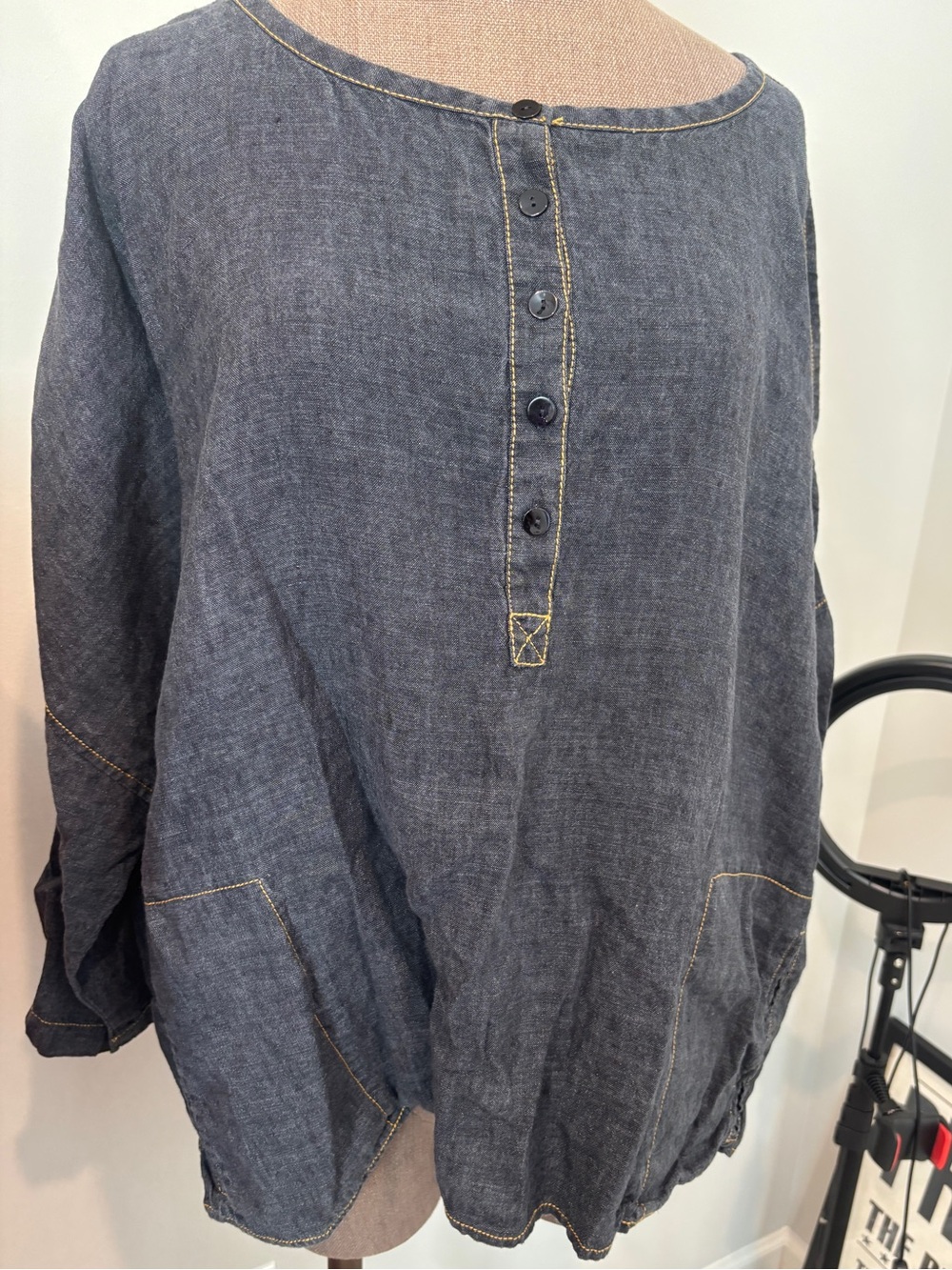 Eileen Fisher Dark Indigo Linen Button Front Blouse with Contrast Stitching